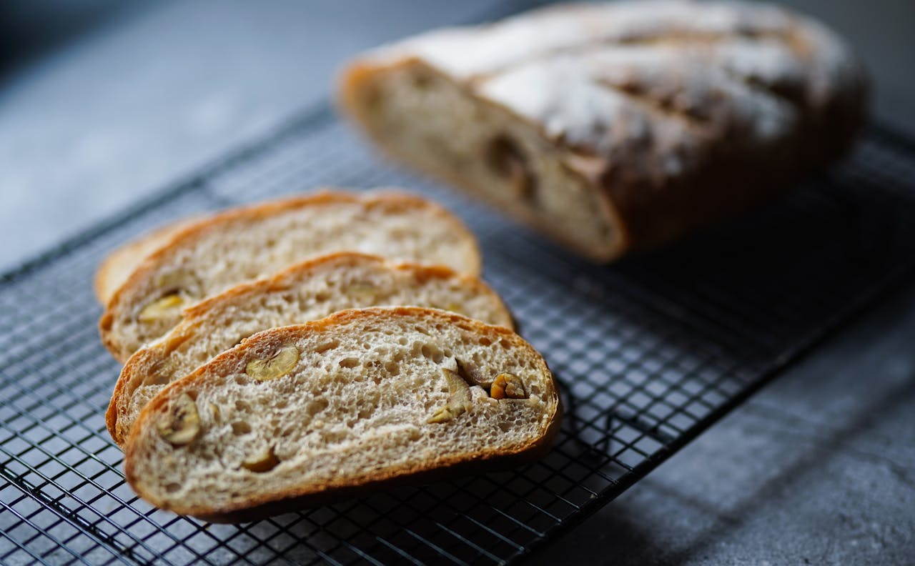 A sliced loaf of sourdough bread.